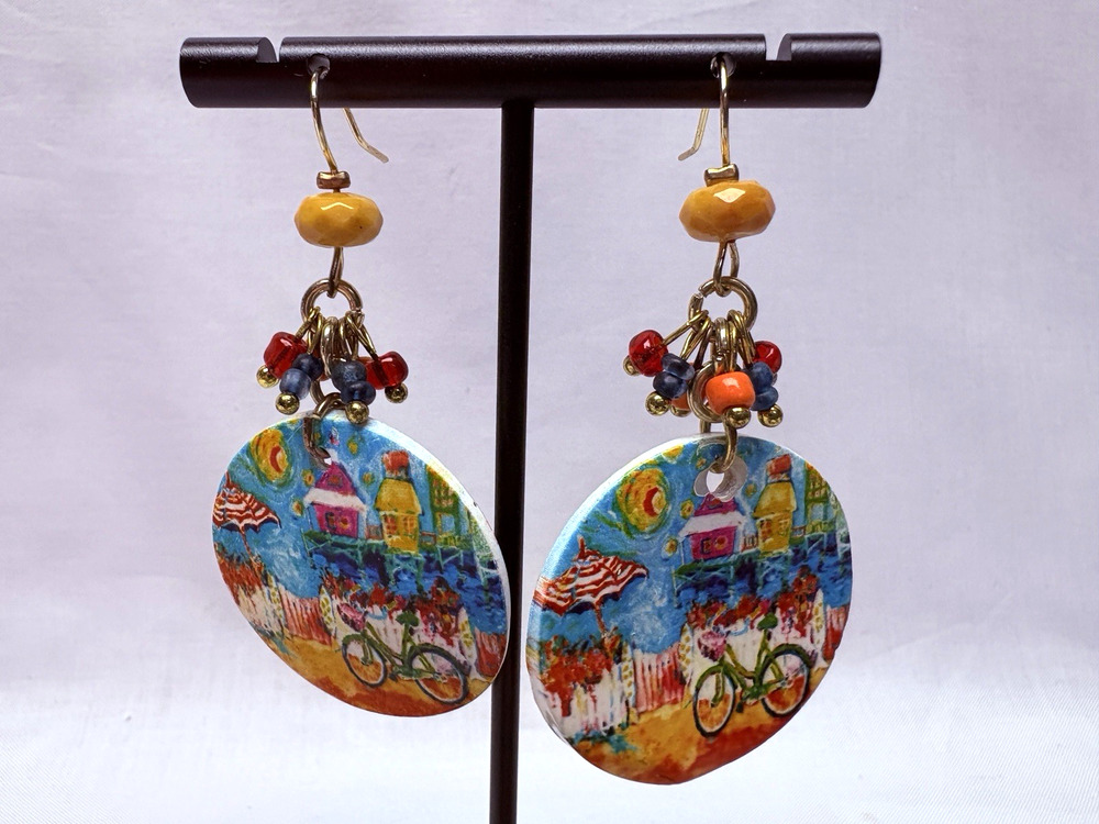 Leoma Lovegrove Multicolor Street Side Scene With Bicycle Dangle Earrings
